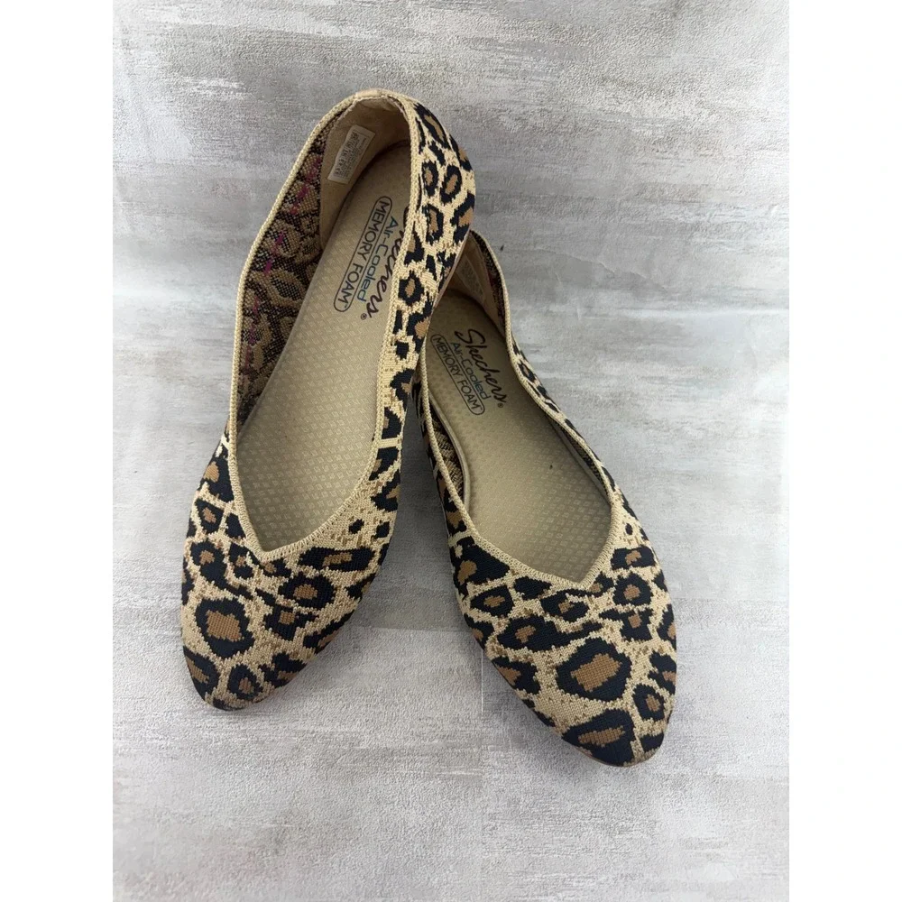Skechers Cleo Bewitched Leopard Print Stretch Flats 44886 Tan Black Women Sz 9.5